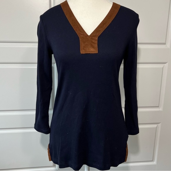 Ralph Lauren Navy Blue Long Sleeve Tunic Top with Brown Faux Suede Trim Detail - Picture 1 of 5